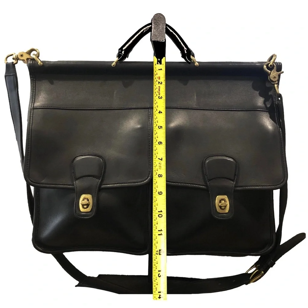 Vintage COACH Kensington Black Leather Briefcase with Dual Front Pockets Strap